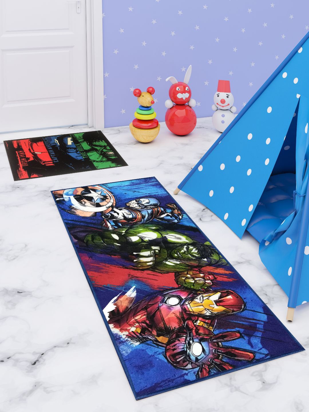 Marvel Set Of 2 Blue & Red Printed Premium Runner Carpet & Doormat