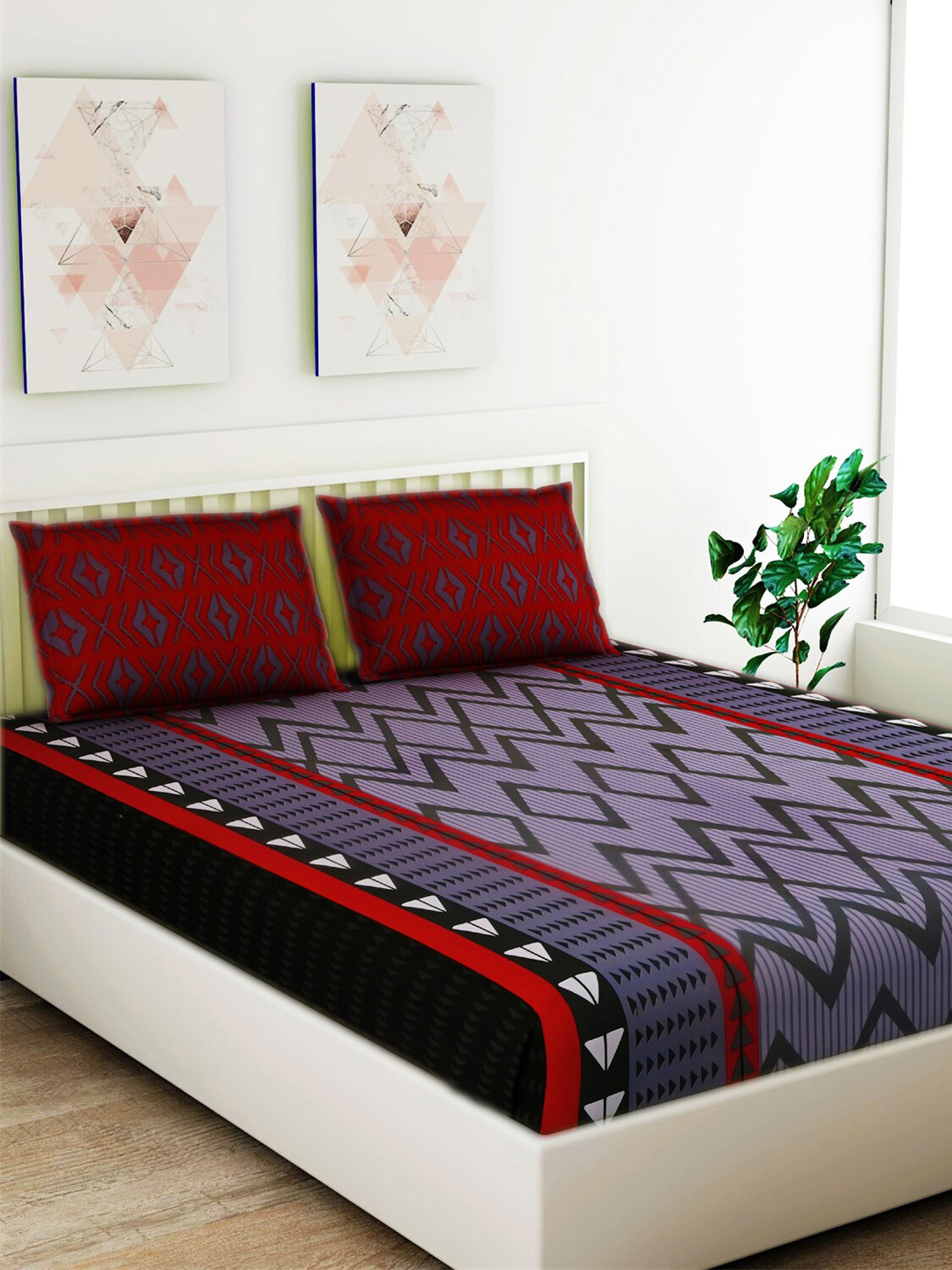 Salona Bichona Purple & Black Geometric Printed 120 TC Double Bed (XL) Bedsheet with 2 Pillow Covers 
Salona Bichona Purple & Black Geometric Printed 120 TC Double Bed (XL) Bedsheet with 2 Pillow Covers