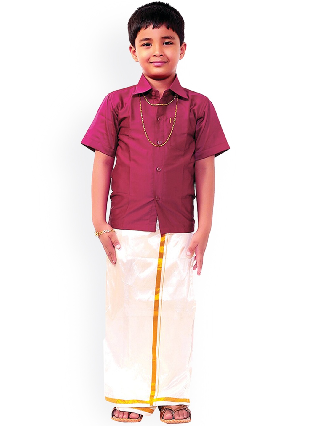 Thala-thalapathy Boys Pink & Off-White Solid Shirt with Veshti & Towel With Gift Set
Thala-thalapathy Boys Pink & Off-White Solid Shirt with Veshti & Towel With Gift Set