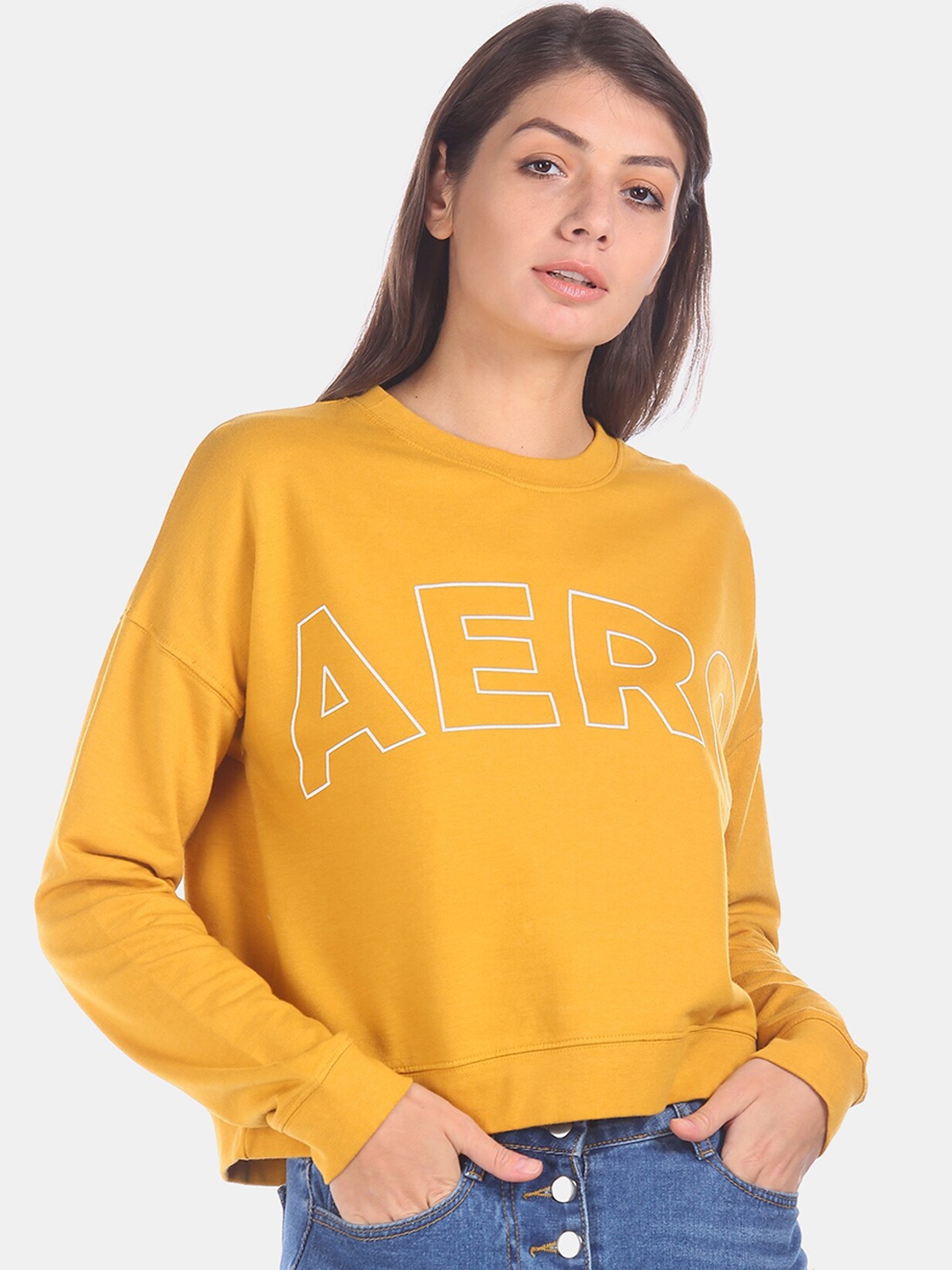 Aeropostale Women Yellow Self Design Sweatshirt