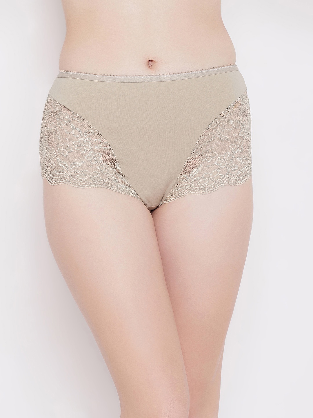 Clovia Women Beige Solid Lace Hipster Briefs-PN1775A24