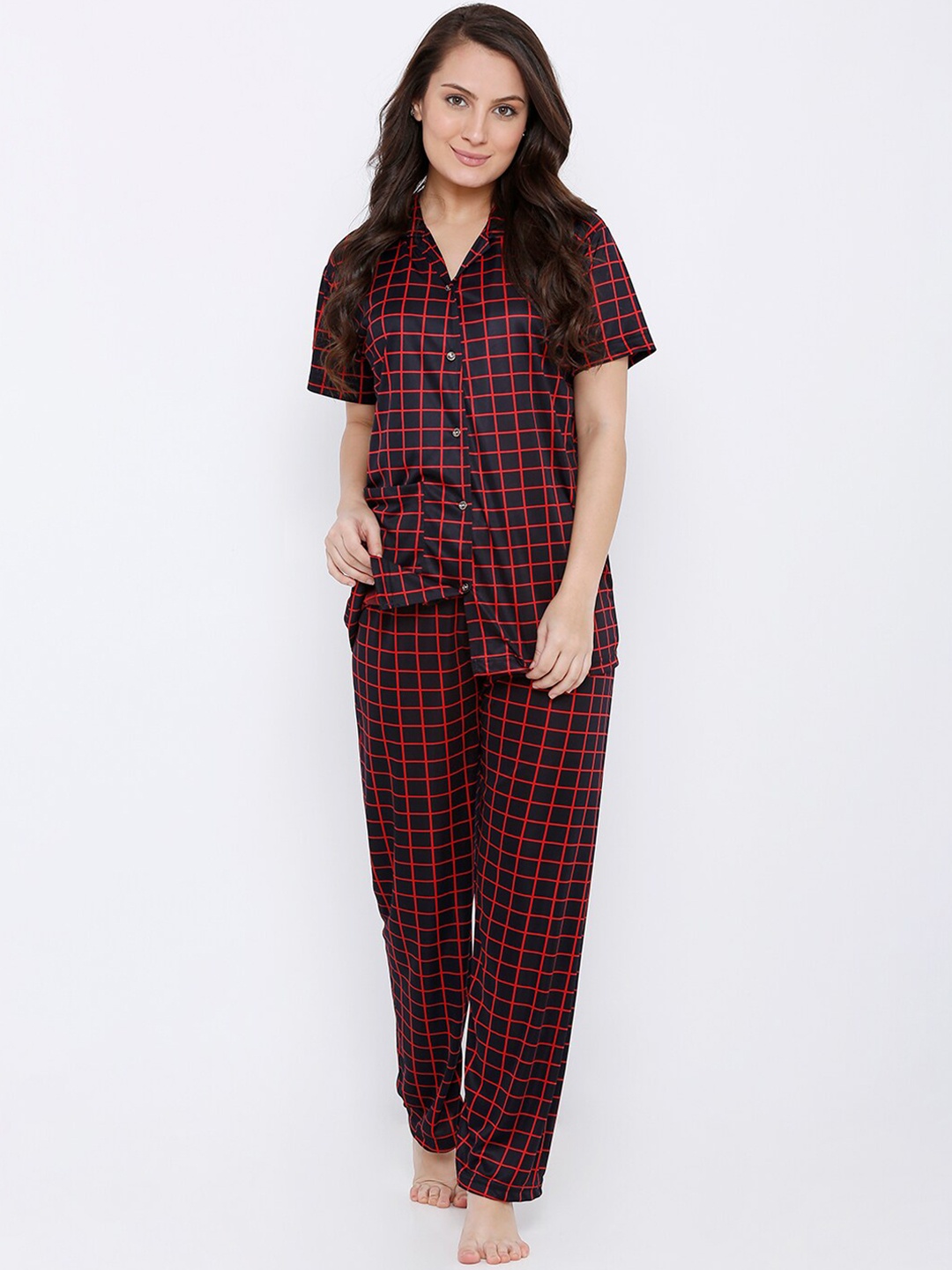 Pretty Awesome Women Black & Red Checked Sustainable Night Suit
