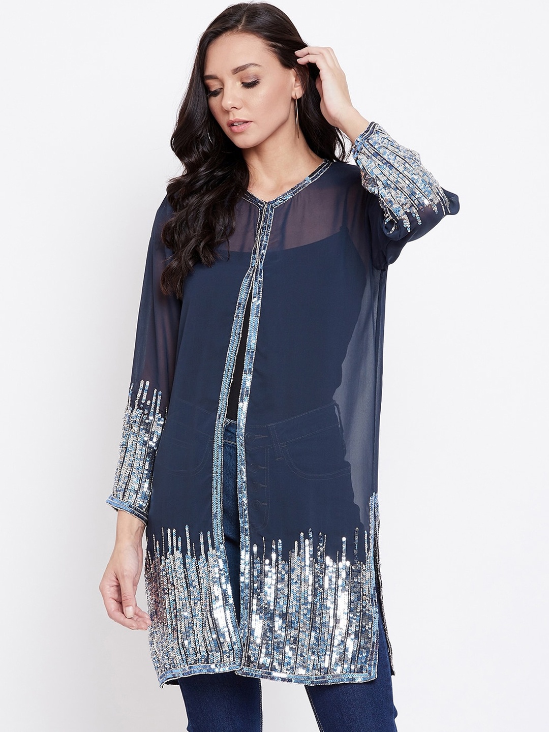 LE BOURGEOIS Women Navy Blue Embellished Longline Shrug