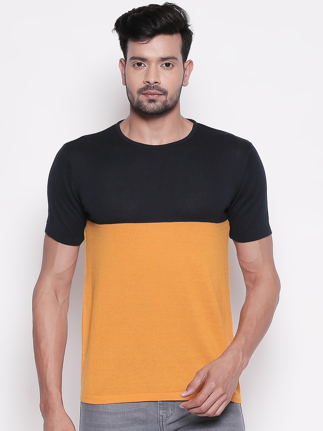 BYFORD by Pantaloons Men Yellow & Black Colourblocked Round Neck T-shirt