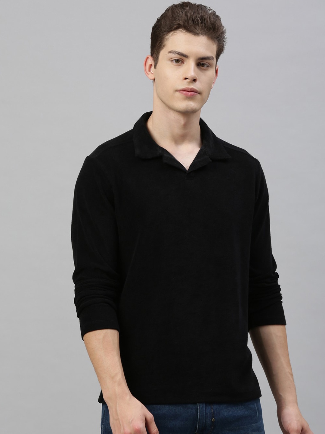 RARE RABBIT Men Black Solid Polo Collar T-shirt
