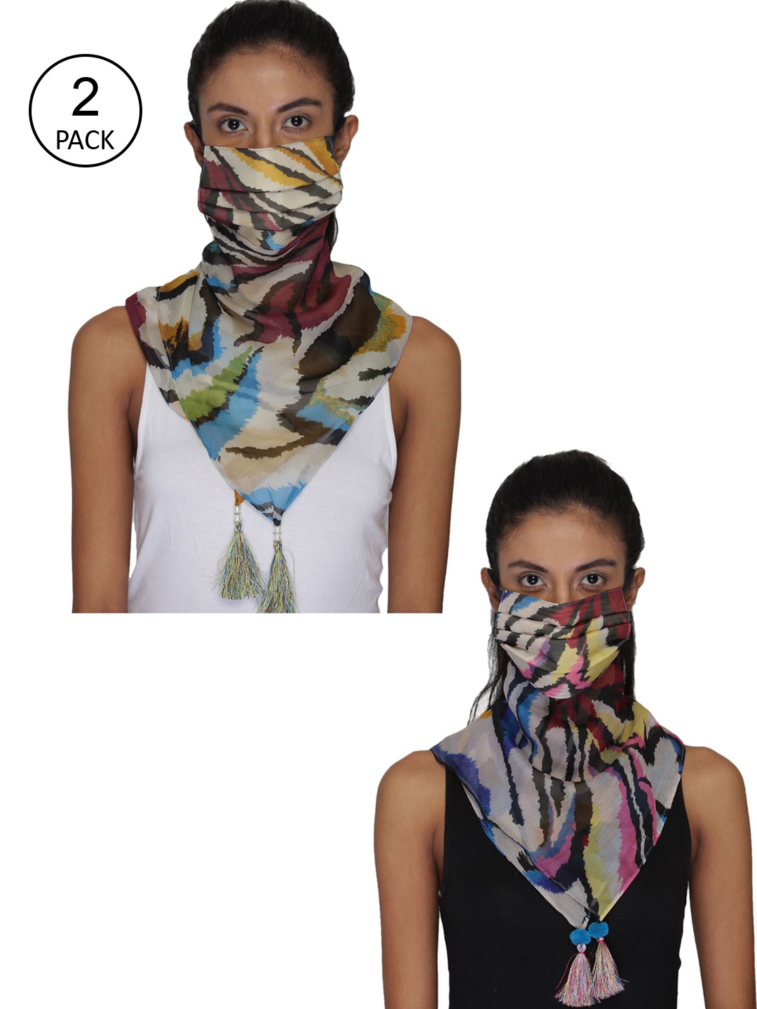 Anekaant Women Pack Of 2 Printed 3-Ply Reusable Scarf Style Fashion Mask, Multi