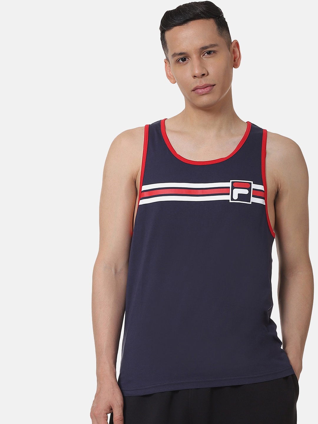 FILA Men Navy Blue Striped Scoop Neck T-shirt