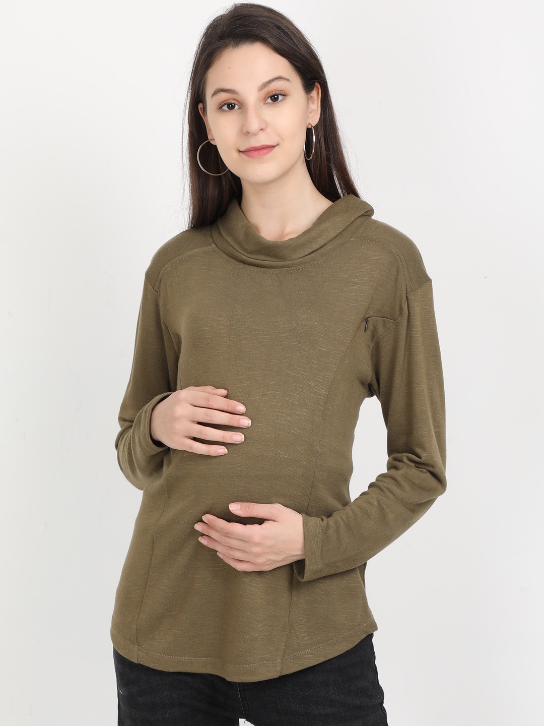 The Mom Store Women Olive Green Maternity Winter Pure Cotton Top