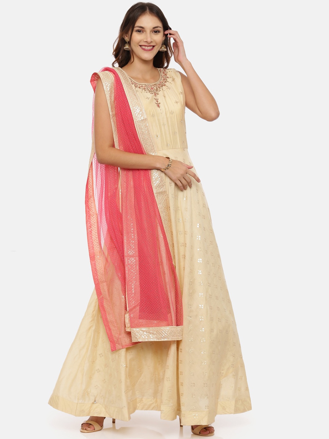 Neerus Women Beige Woven Design Chanderi Silk Anarkali Kurta with Trousers & Dupatta
Neerus Women Beige Woven Design Chanderi Silk Anarkali Kurta with Trousers & Dupatta