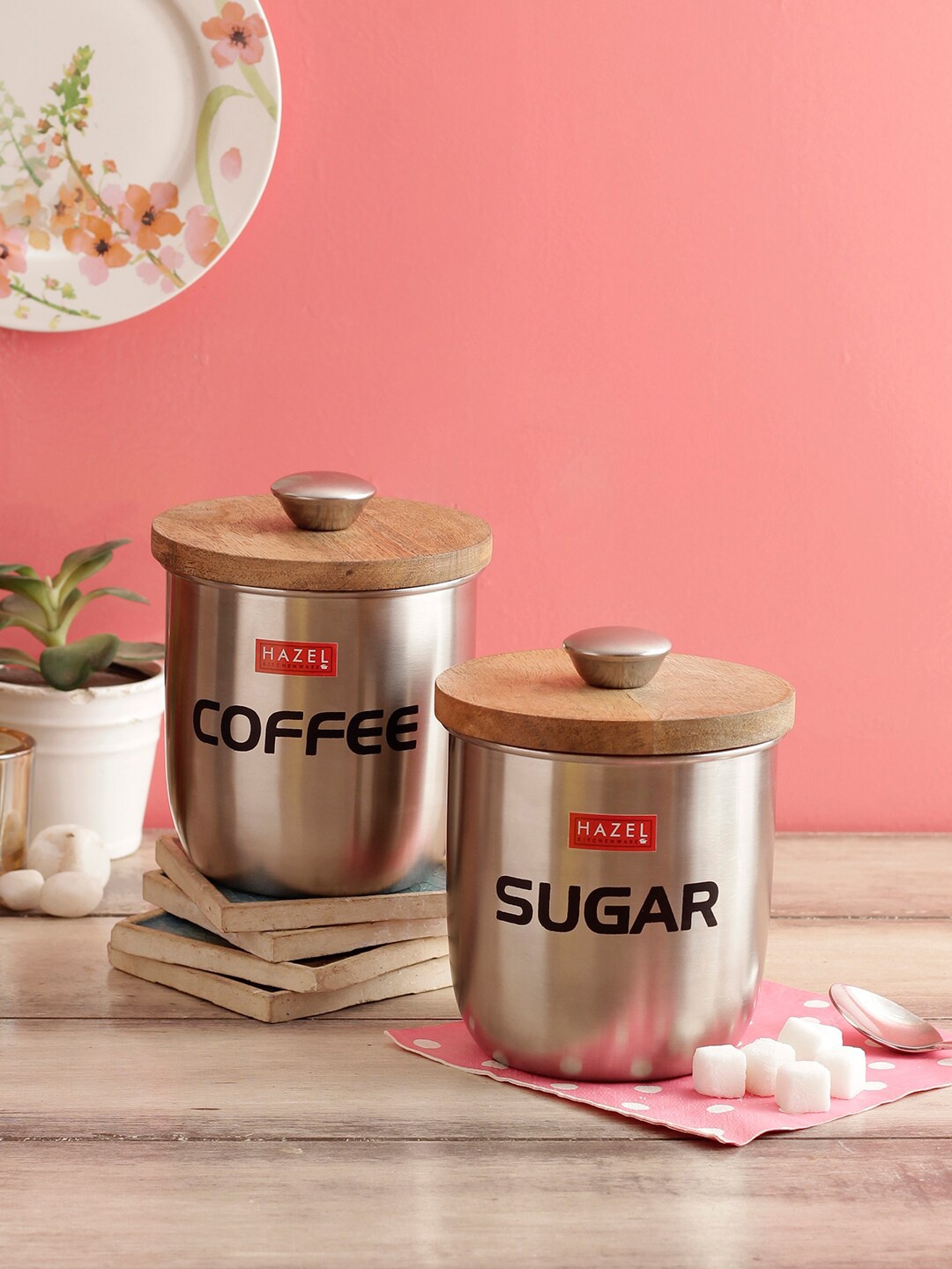 HAZEL Set Of 2 Silver-Toned & Brown Stainless Steel Coffee Sugar Storage Canister With Wooden Lid
HAZEL Set Of 2 Silver-Toned & Brown Stainless Steel Coffee Sugar Storage Canister With Wooden Lid