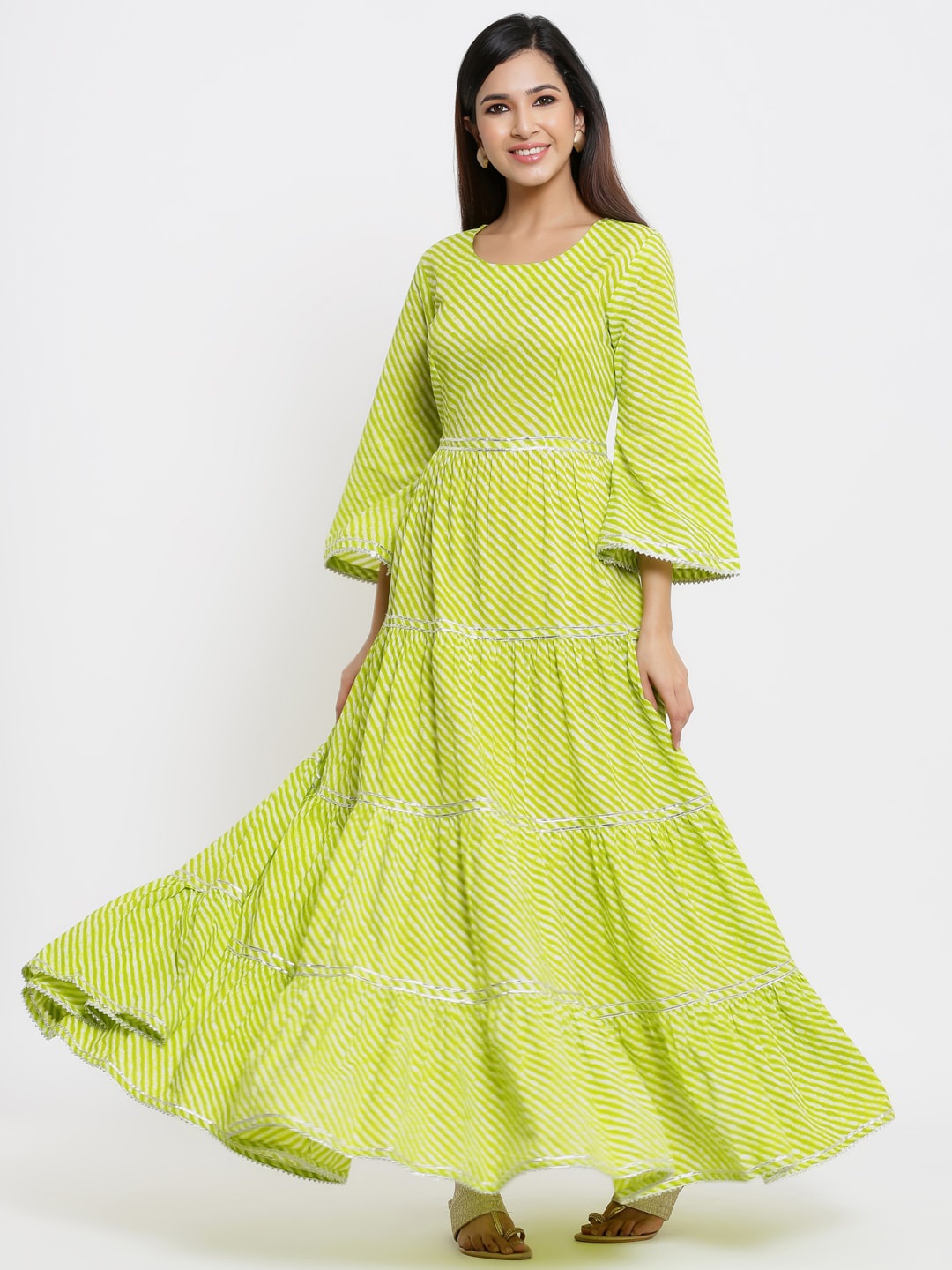 Indian Virasat Women Green Striped Ethnic Maxi Dress
