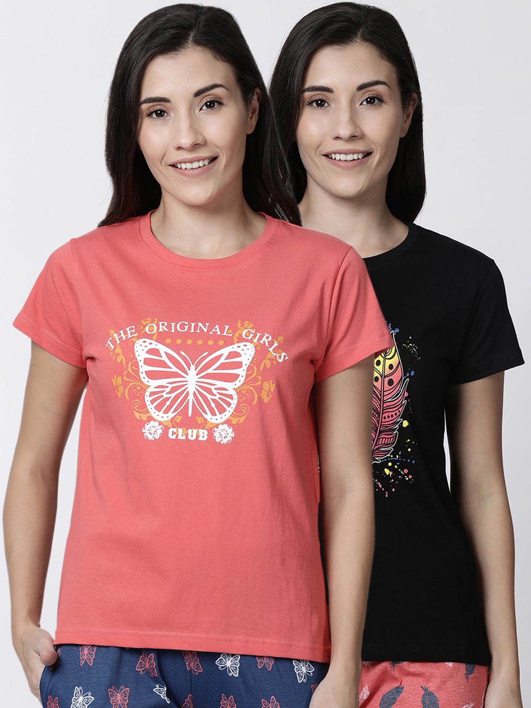 Kryptic Women Pack of 2 Printed Lounge T-Shirts, Peach