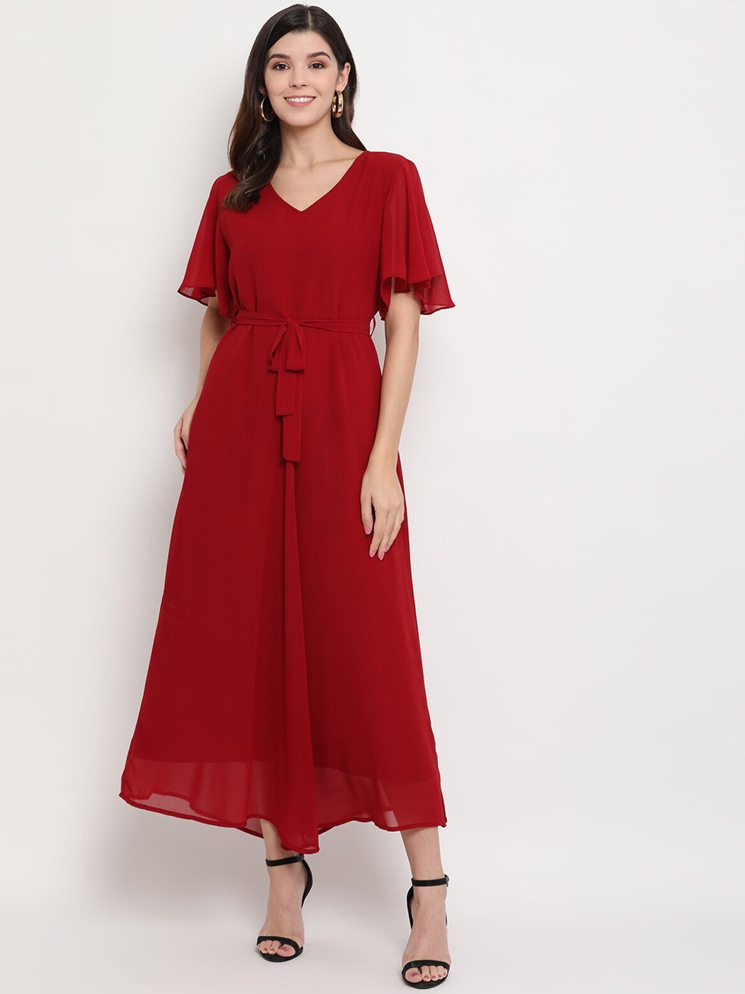 THREAD MUSTER Maroon Georgette V-Neck Maxi Dress
