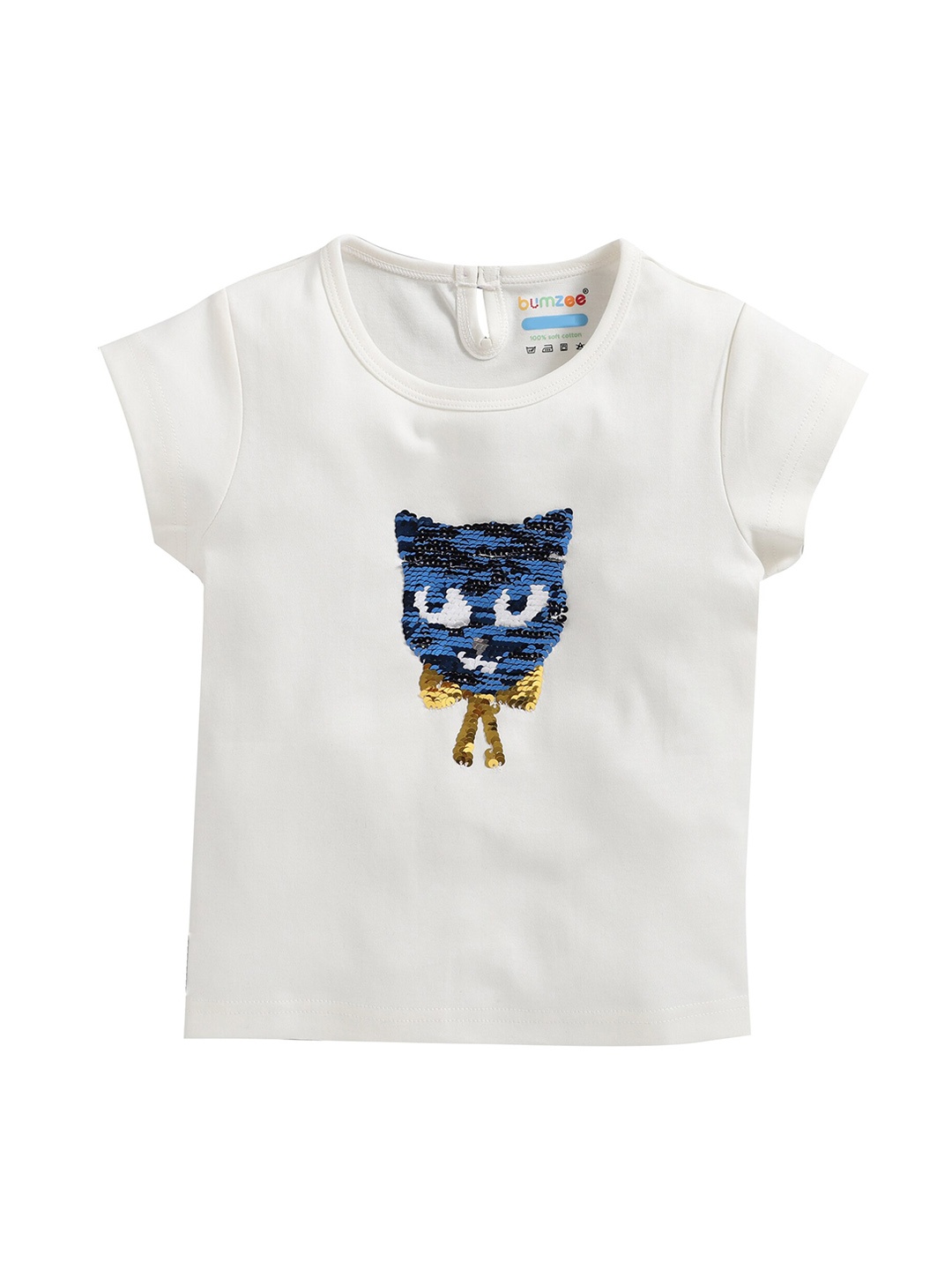 BUMZEE Girls Off-White Reversible Sequinned Round Neck T-shirt