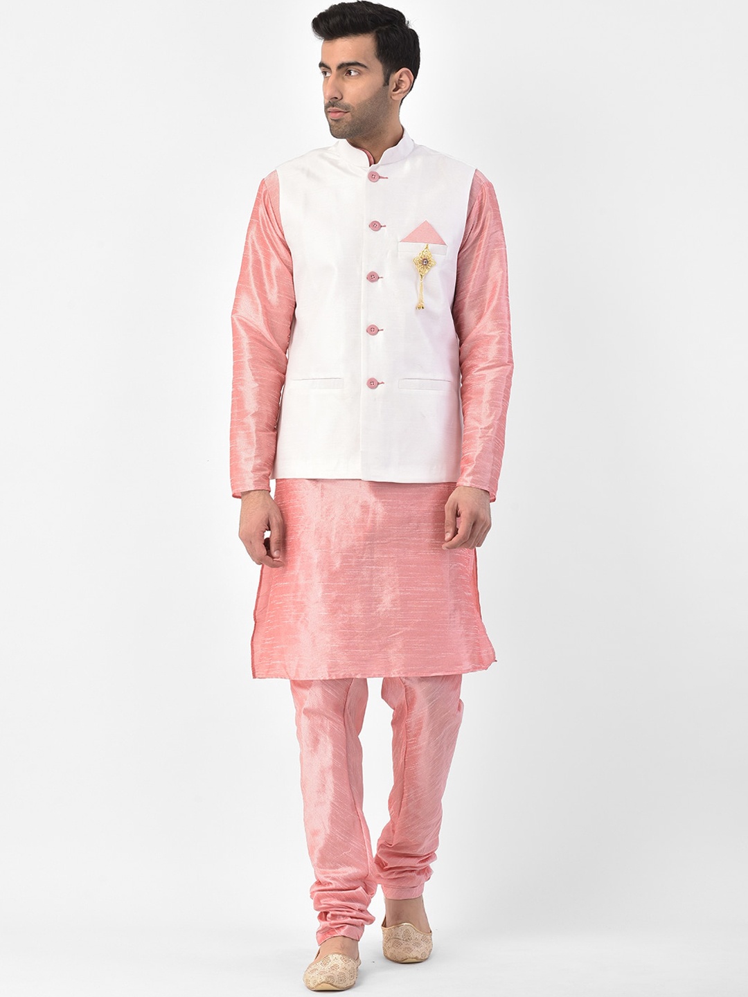 SG LEMAN Men Pink & White Solid Kurta with Churidar & Nehru Jacket