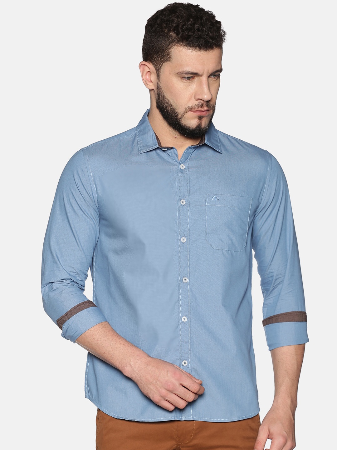 Chennis Men Blue Slim Fit Solid Casual Cotton Shirt