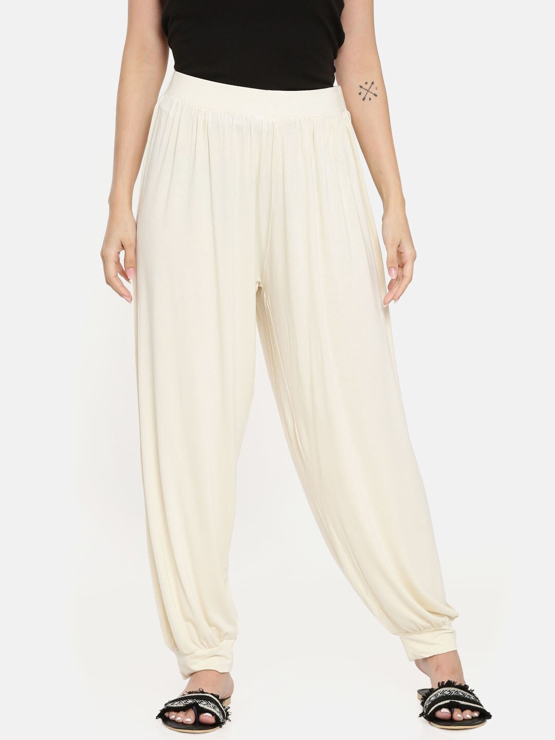 Bitz Women Cream Coloured Solid Loose Fit Harem Pants