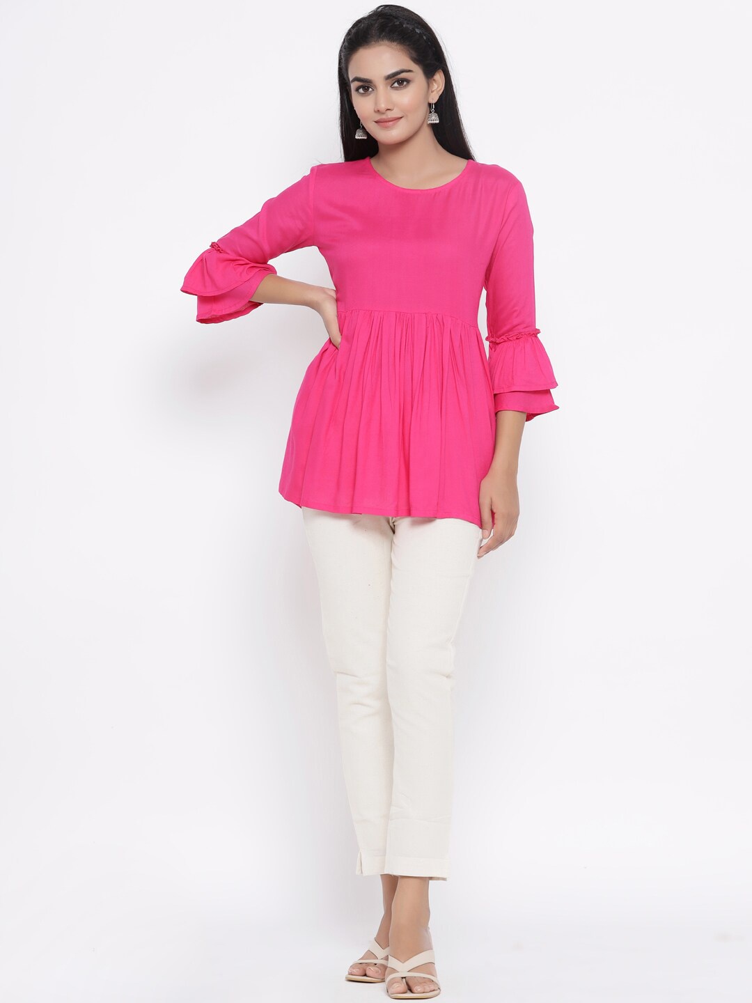 Fabriko Women Pink & White Solid Tunic with Trousers