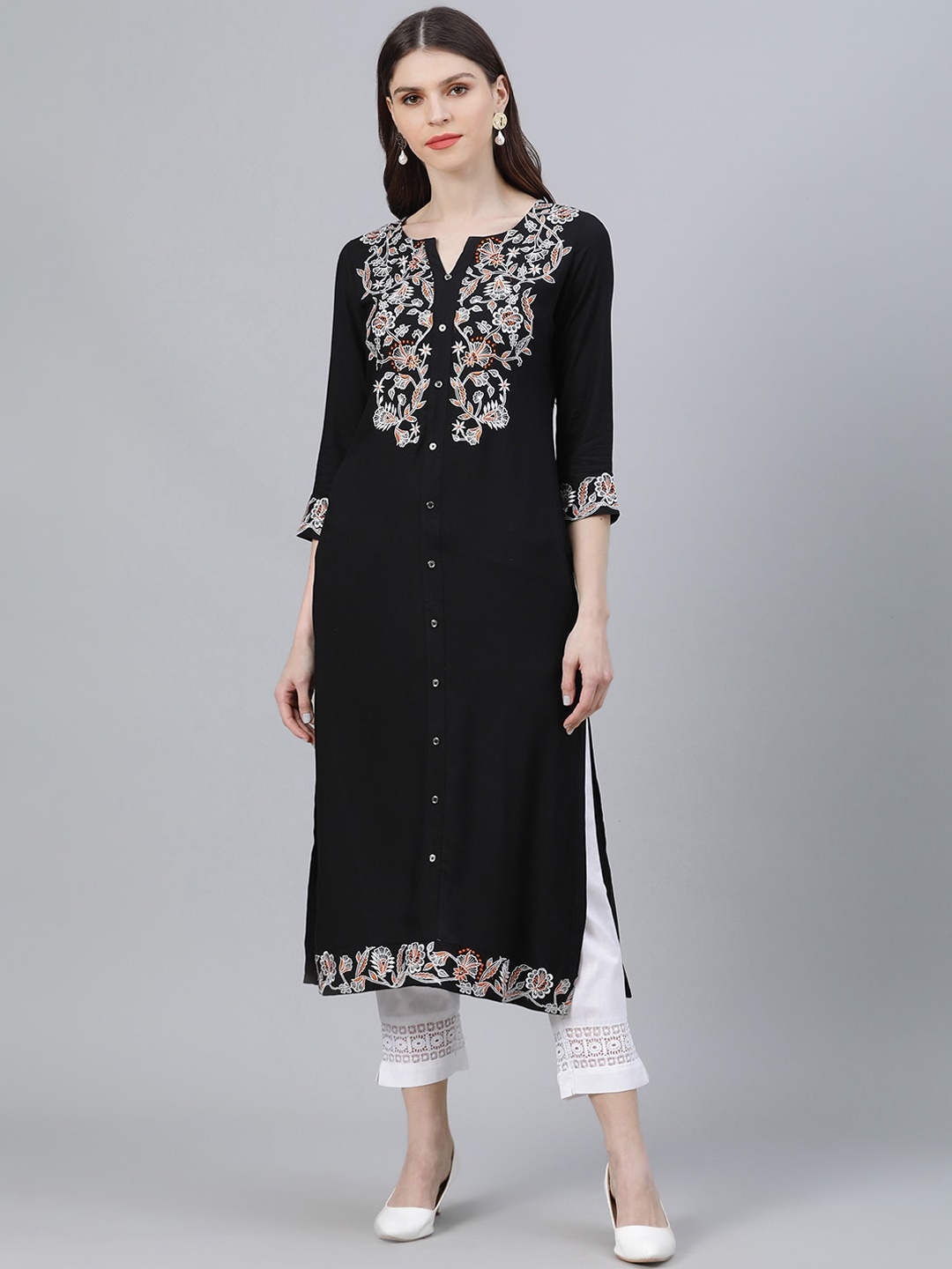 Libas Women Black Embroidered Straight Kurta