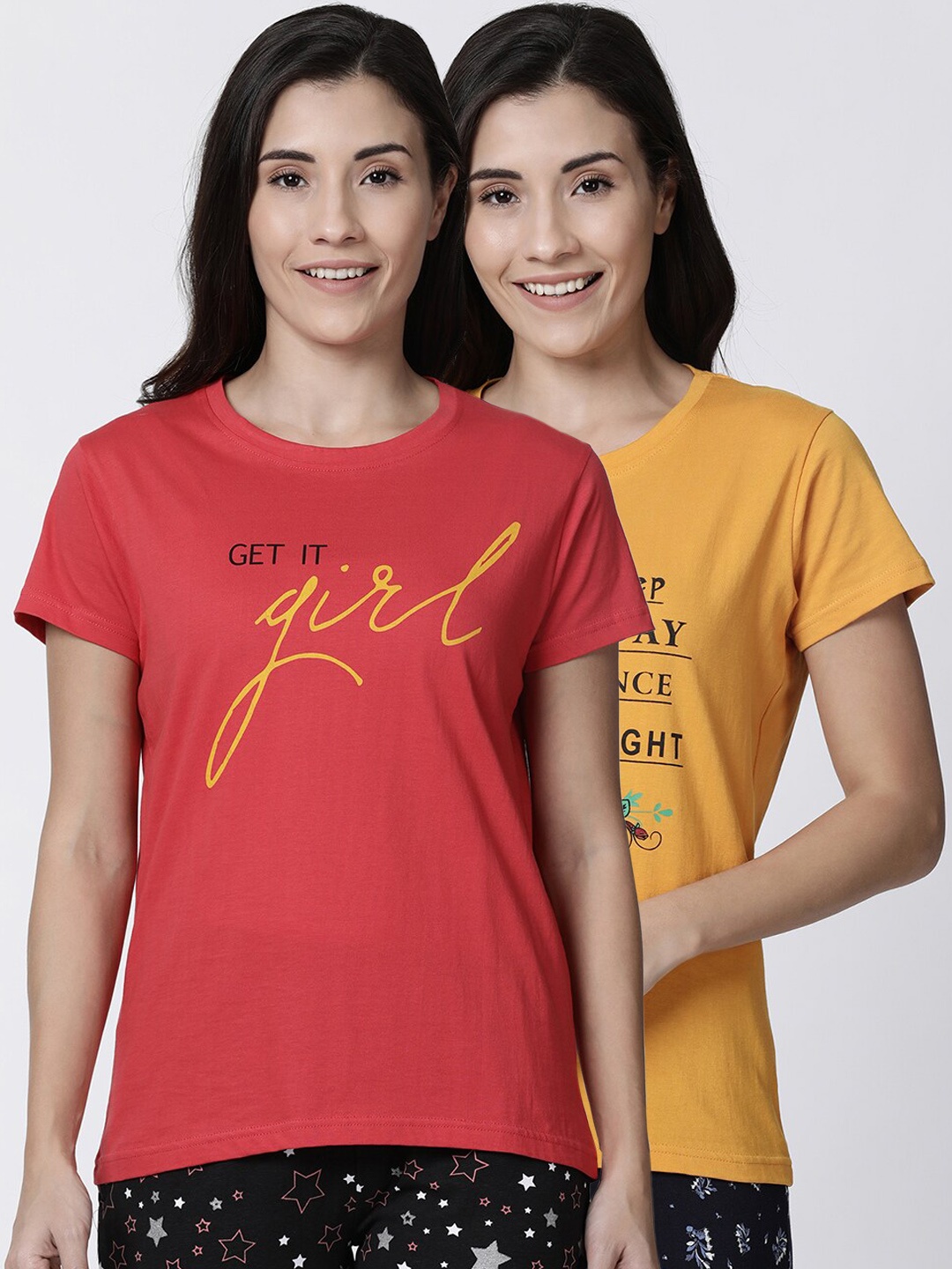 Kryptic Women Pack Of 2 Printed Lounge T-Shirts, Red