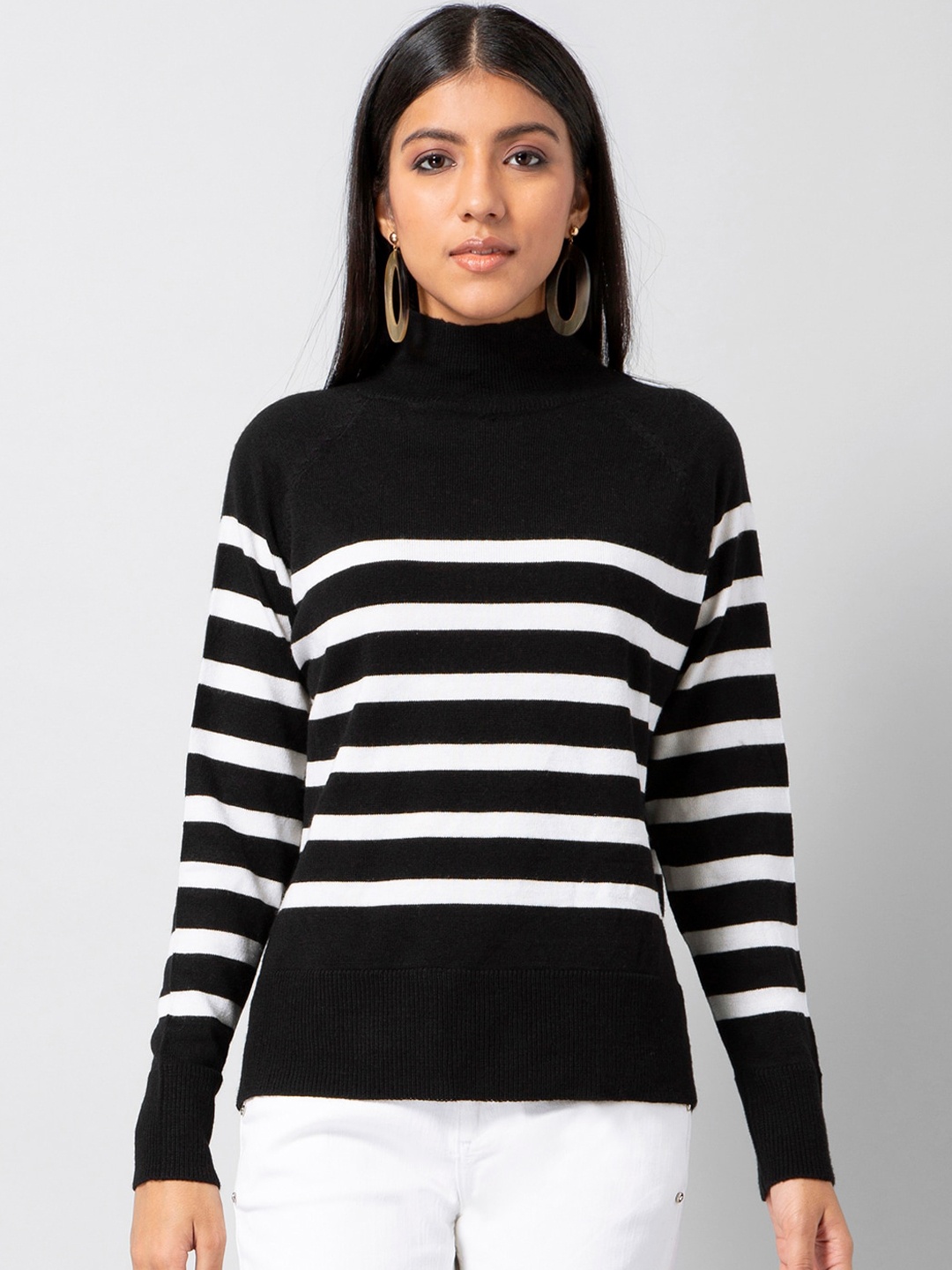 FabAlley Women Black & White Striped Pullover Sweater