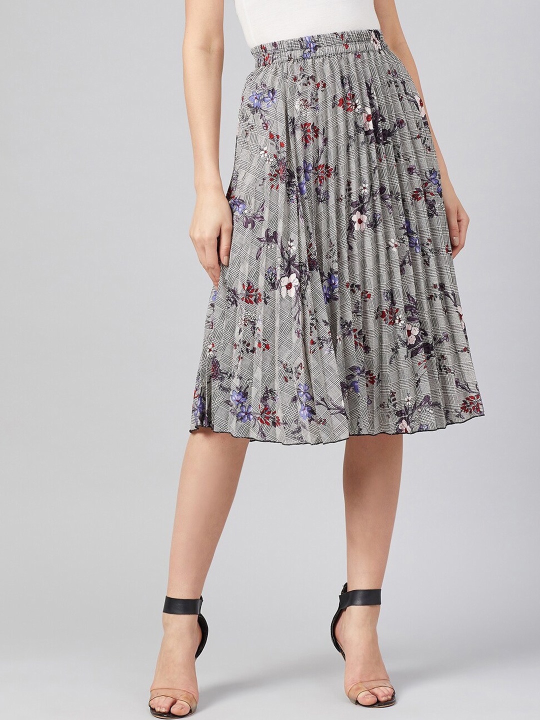 RARE Black & White Floral-Print Midi A-Line Skirt