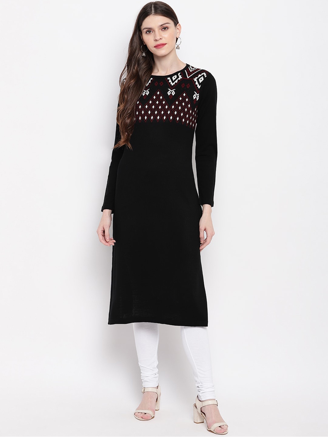 Janasya Women Black & Maroon Embroidered Straight Woollen Winter Kurta