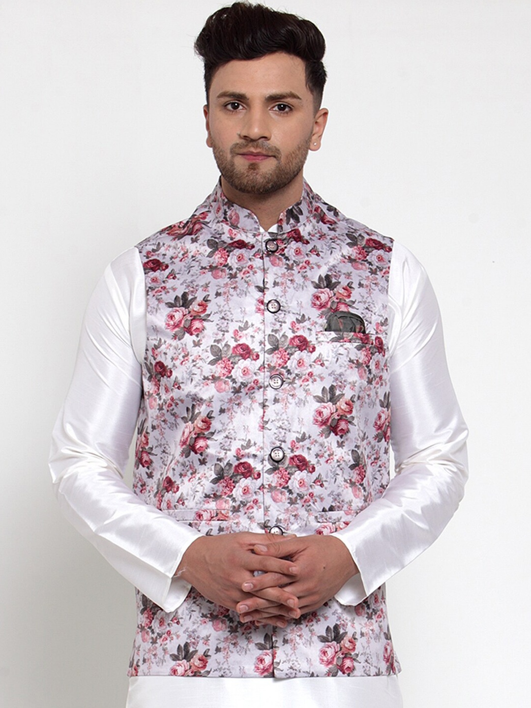 Jompers Men White & Pink Floral Printed Nehru Jacket