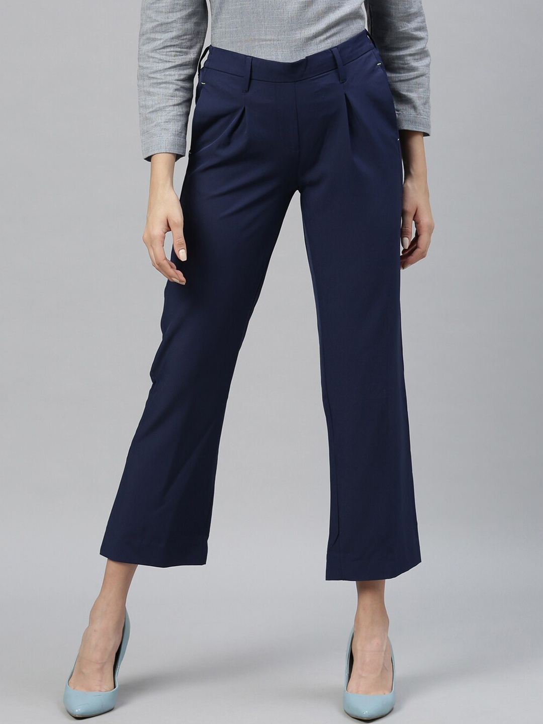 RAREISM Women Navy Blue Flared Solid Regular Trousers