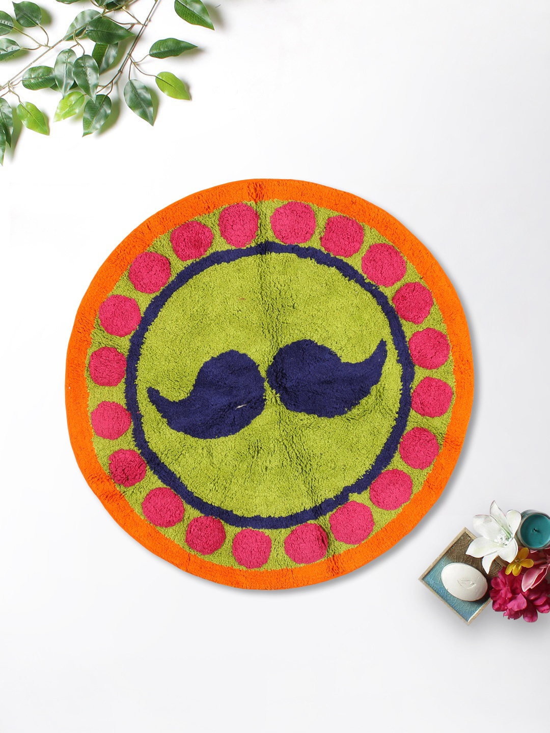 India Circus by Krsnaa Mehta Multicoloured Woven Design Round Cotton Bath Rug, Multi