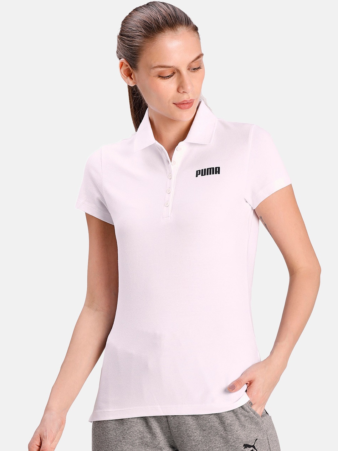 Puma Women White Solid Polo Collar Pure Cotton T-shirt