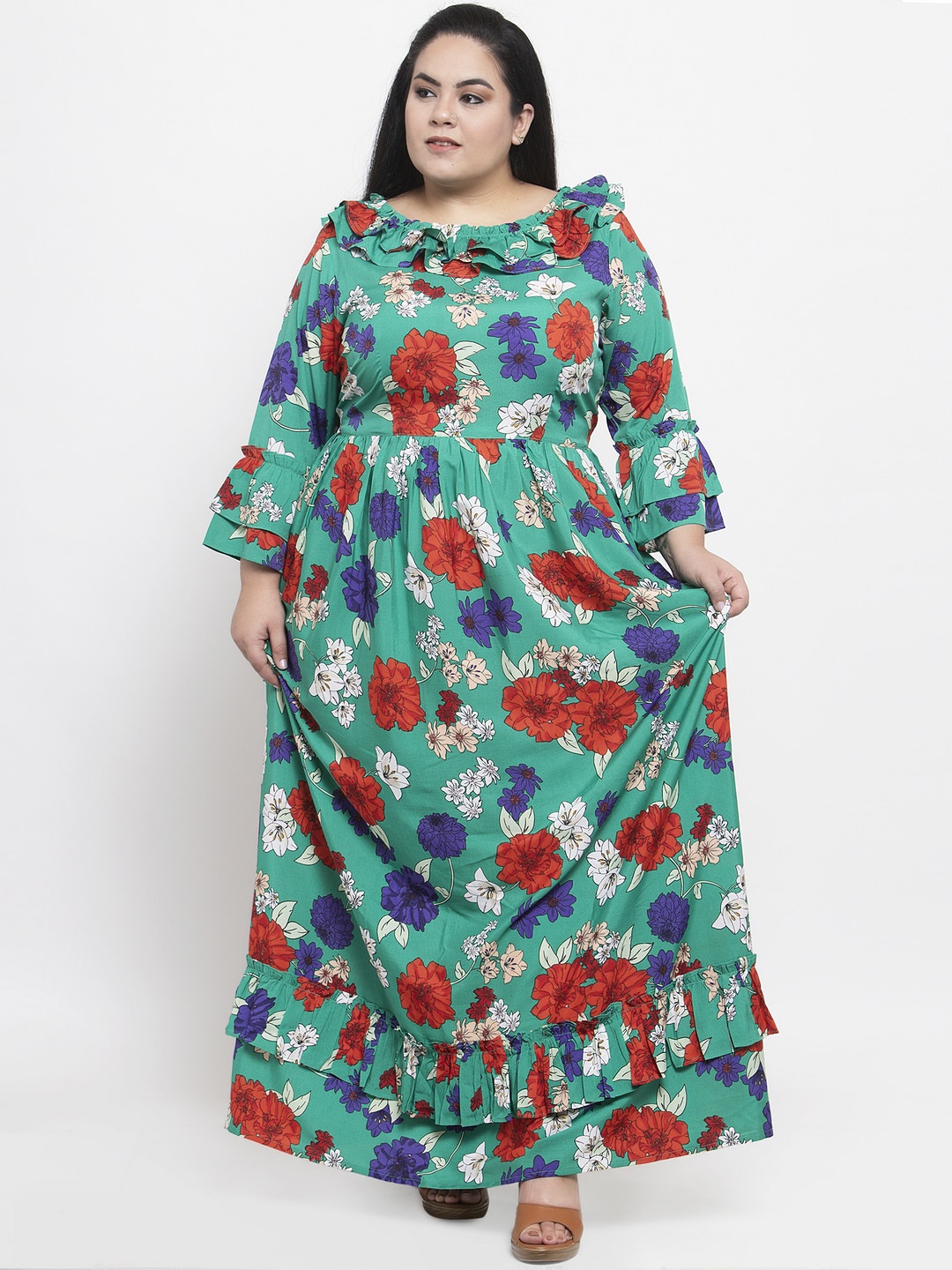 Flambeur Women Green & Red Floral Printed Maxi Dress