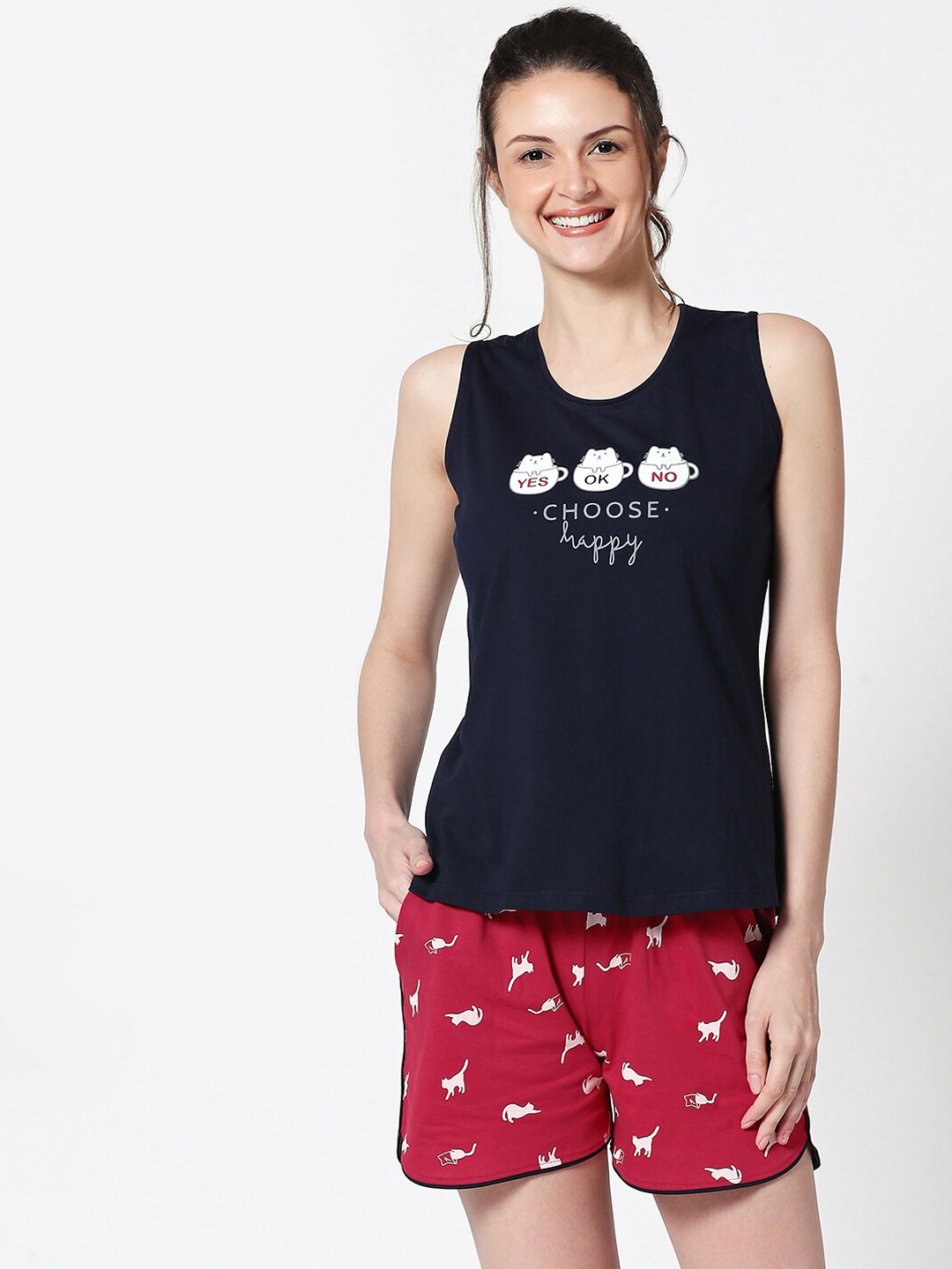 Zeyo Women Navy Blue & Red Printed Night Suit