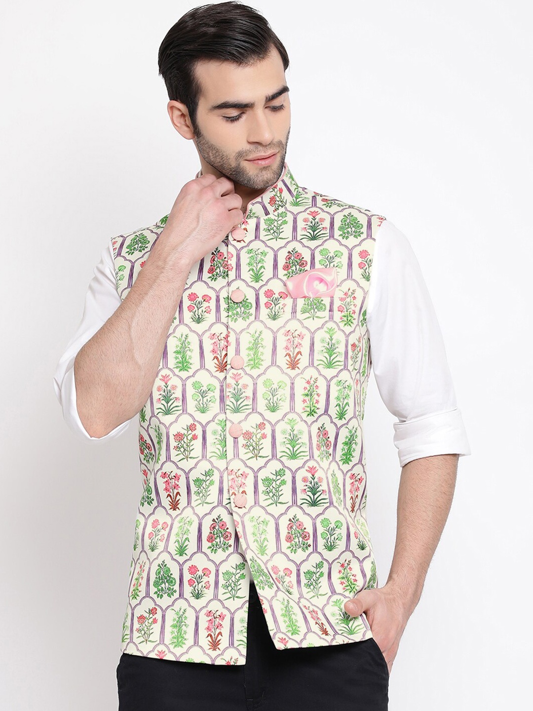 VASTRAMAY Men Cream-Coloured & Green Printed Nehru Jacket