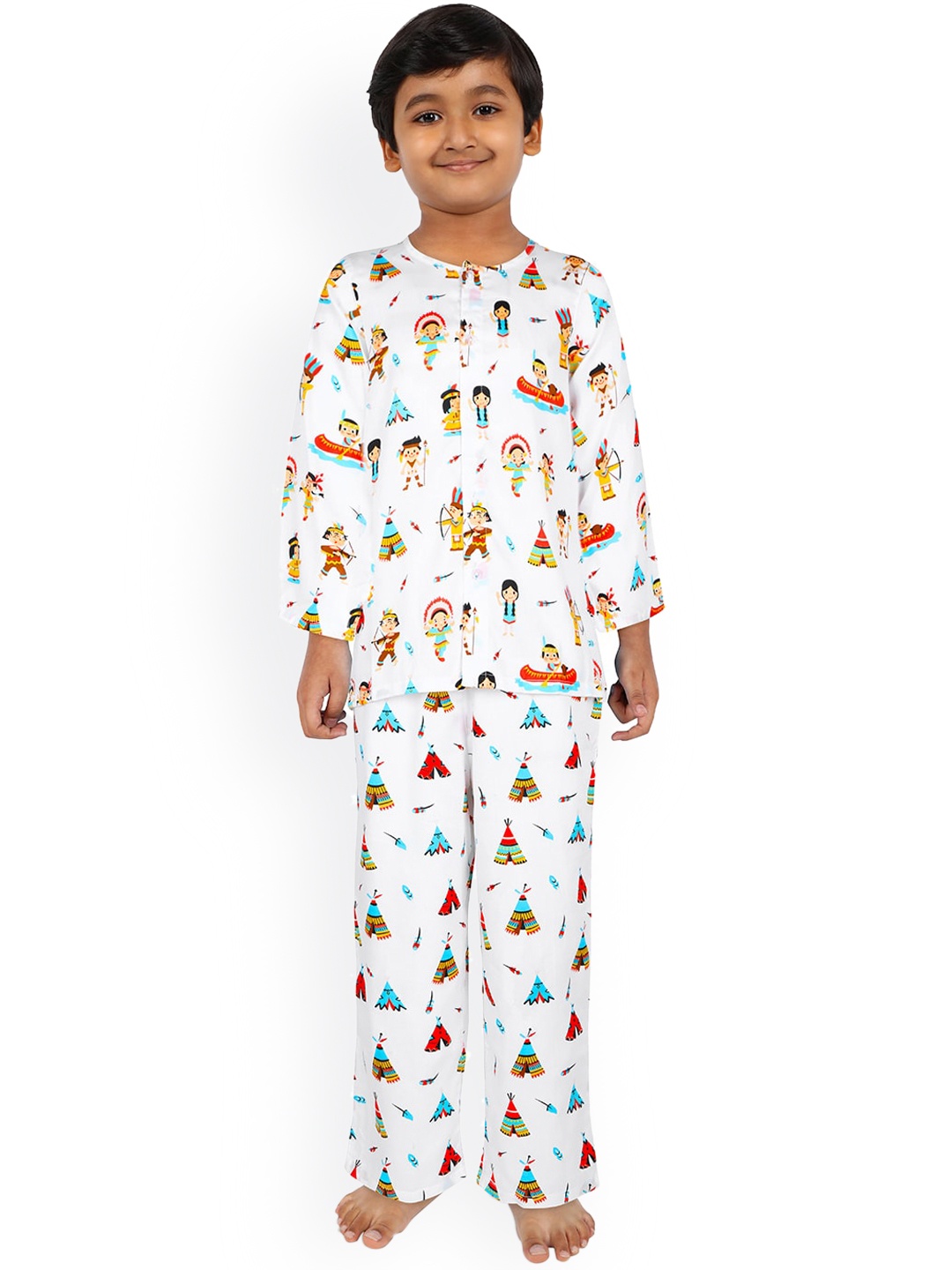 Nigh Nigh Boys White & Red Printed Sustainable Night Suit