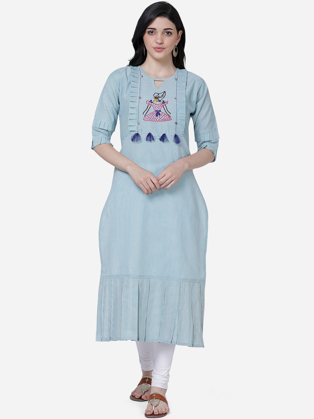 Youthnic Women Blue & Off-White Striped A-Line Kurta