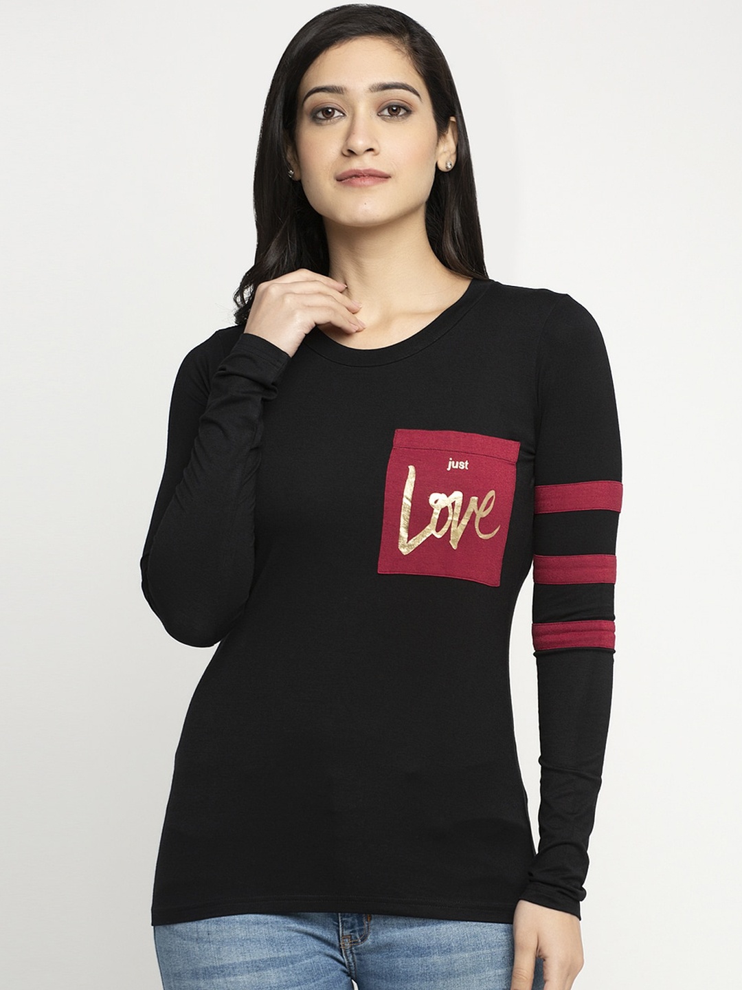 DOOR74 Women Black Printed Round Neck T-shirt