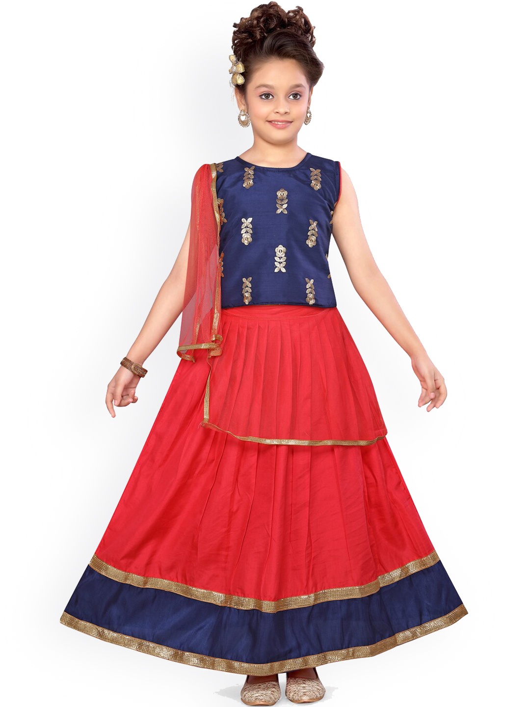 Aarika Girls Navy Blue & Red Embroidered Semi-Stitched Lehenga & Ready to Wear Blouse with Dupatta
Aarika Girls Navy Blue & Red Embroidered Semi-Stitched Lehenga & Ready to Wear Blouse with Dupatta