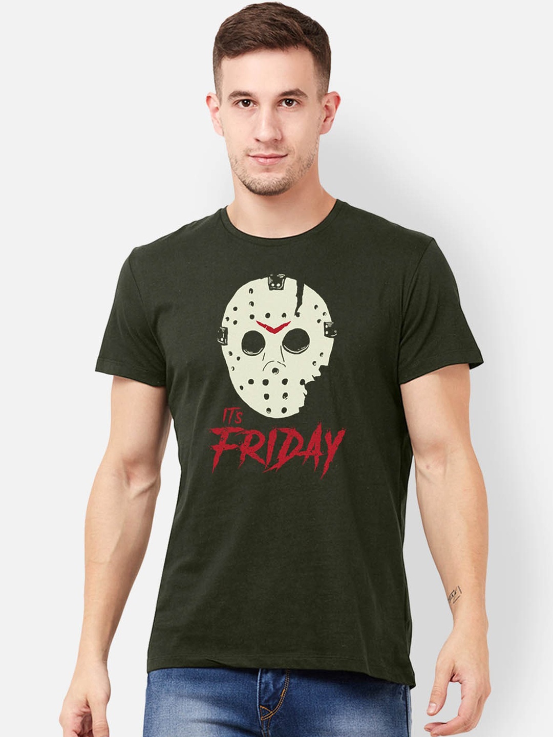 Free Authority Men Olive Green Friday The 13Th Printed Round Neck T-shirt