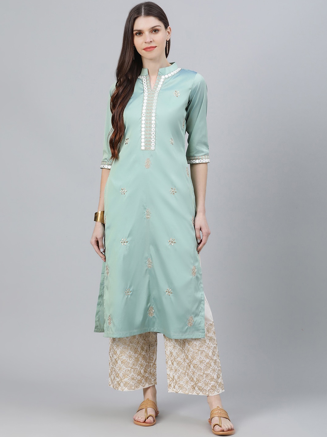 Libas Women Green Floral Embroidered Regular Kurta with Palazzos