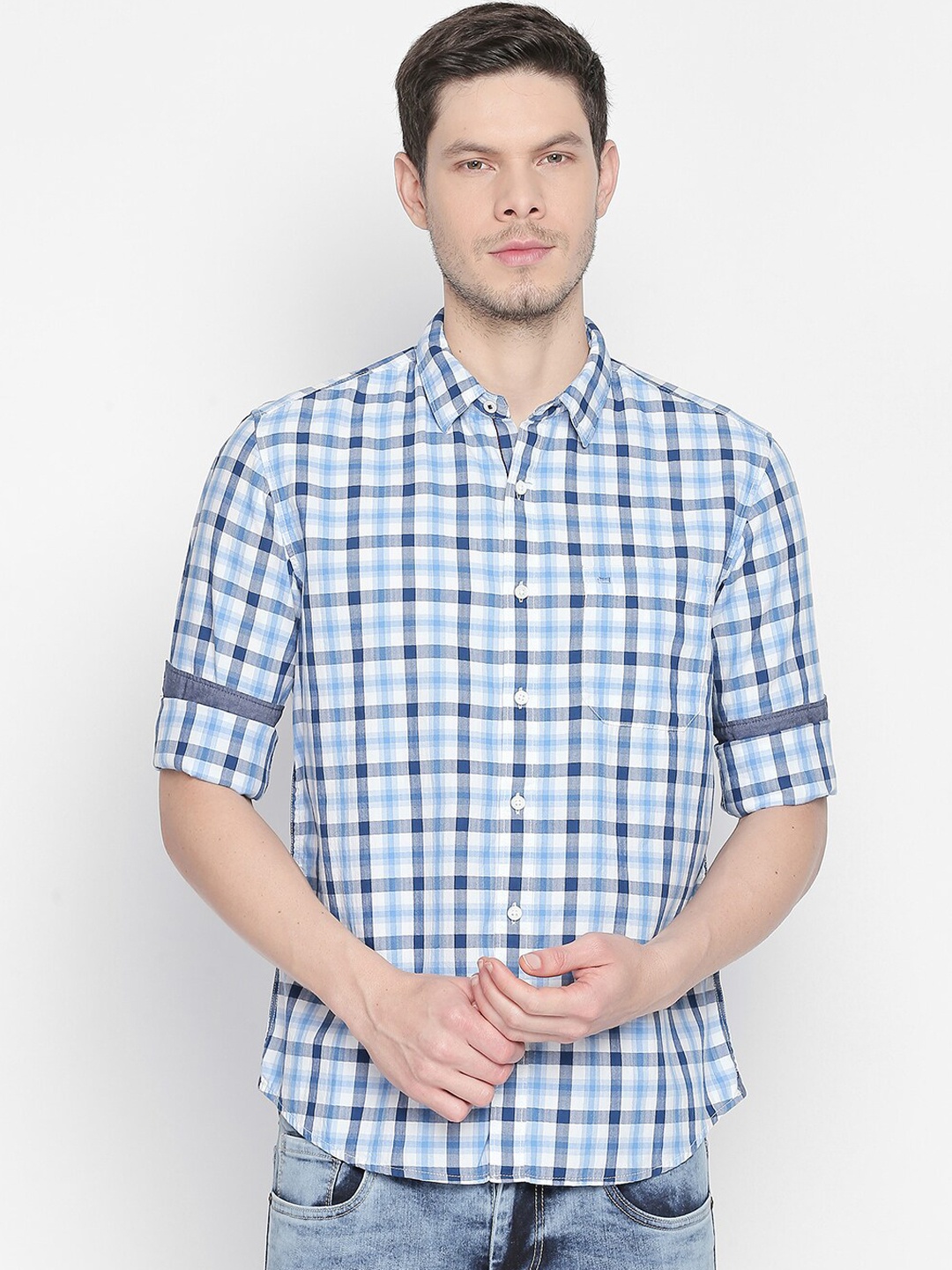 Basics Men Blue Slim Fit Checked Casual Shirt
