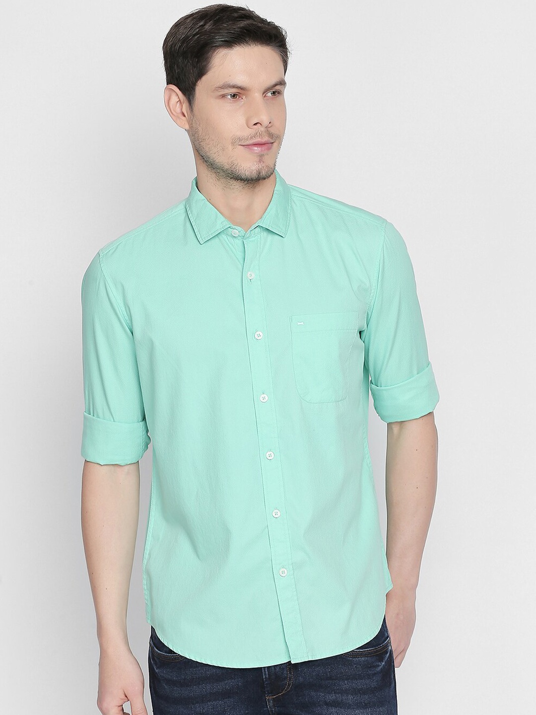Basics Men Green Slim Fit Self Design Casual Shirt