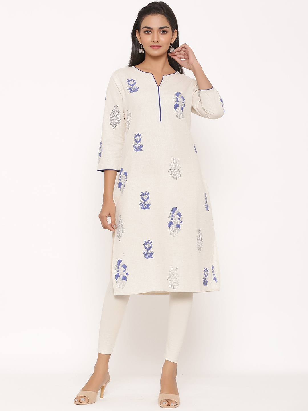 fabGLOBAL Women Cream-Coloured & Blue Printed Straight Kurta