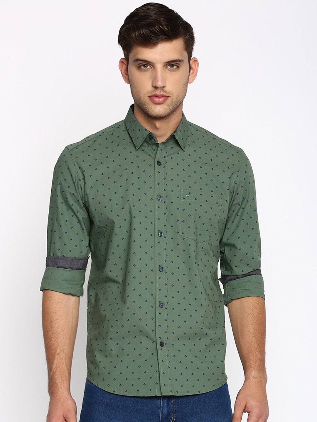 Basics Men Green Slim Fit Printed Casual Shirt