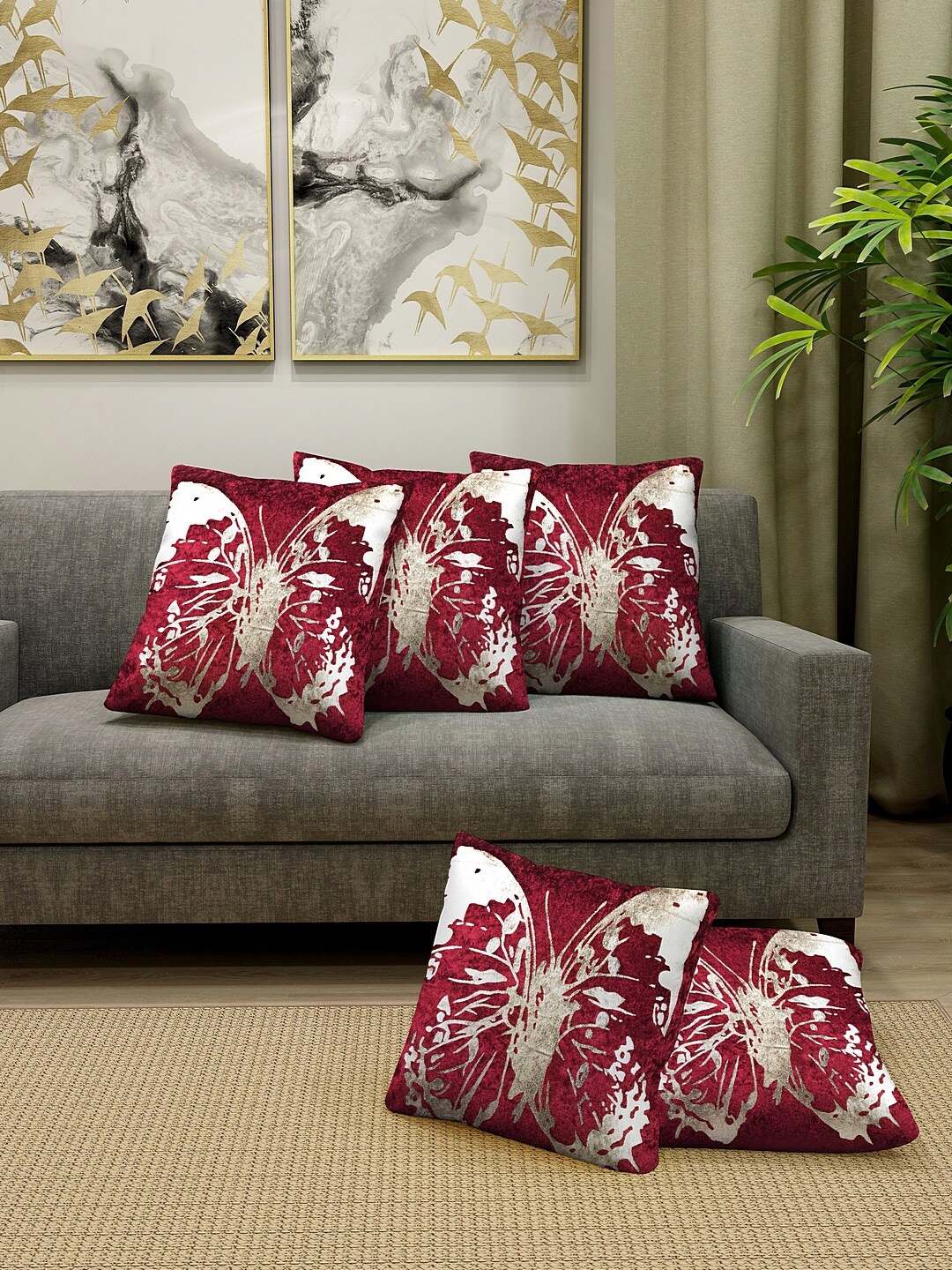 KLOTTHE Set Of 5 Maroon & Gold-Coloured Velvet Printed Square Floor Cushions