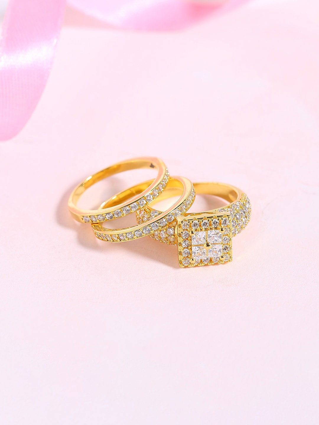 Voylla Set Of 3 Gold-Plated Cubic Zirconia Studded Handcrafted Finger Rings