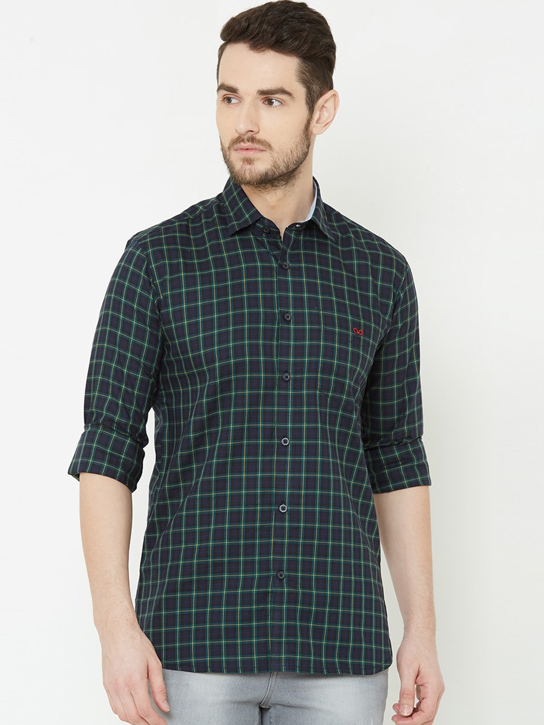 Donzell Men Navy Blue & Green Regular Fit Checked Casual Shirt