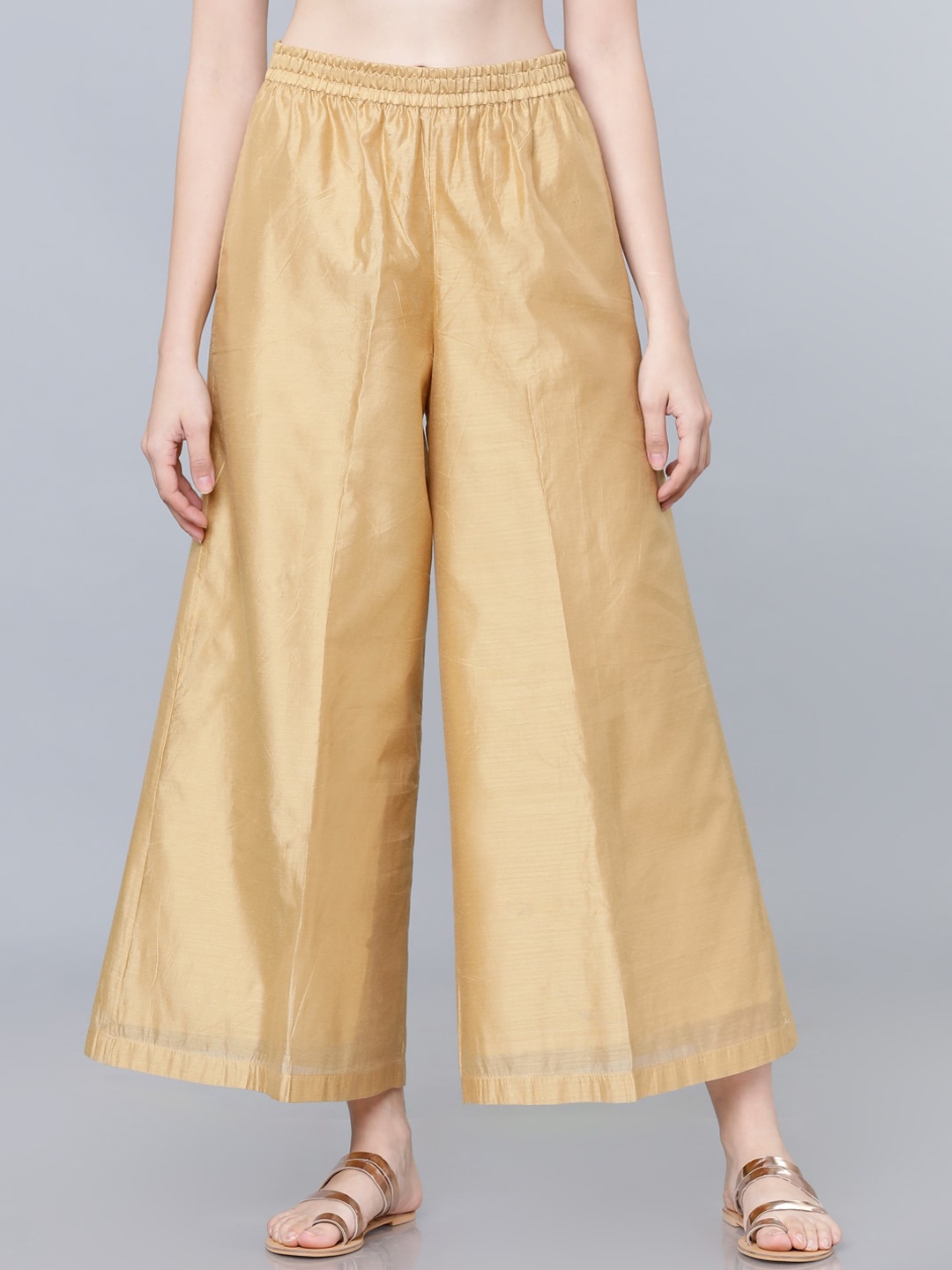 Vishudh Women Khaki-Coloured Solid Wide Leg Palazzos