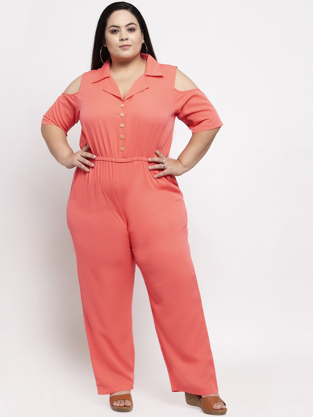 Flambeur Women Coral Orange Solid Basic Jumpsuit