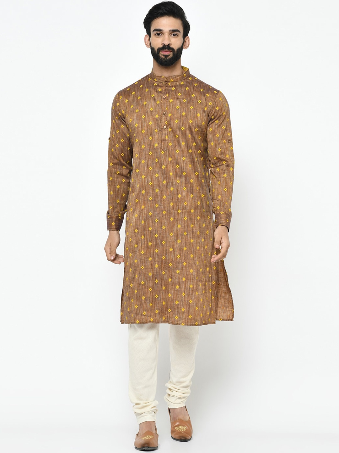 Vartah Men Handloom Yellow Kurta Set, Brown
